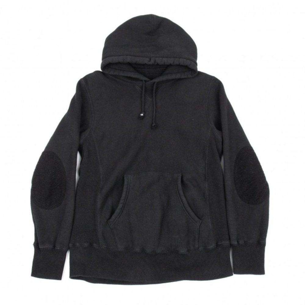 Junya Watanabe black cotton fleece elbow patch hoodie